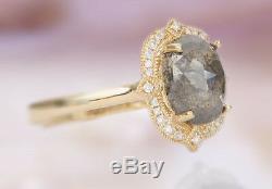 14k Solid Gold Ring rose cut oval natural diamond salt and pepper ring DJR0041
