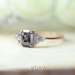 18 K Gold Metal Black Gray Salt And Pepper Square Emerald Shape Diamond Ring