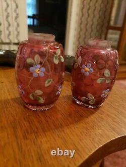 1880s CRANBERRY Glass SALT & Pepper SHAKERS Hand PAINTED Enameled FLORAL