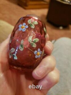 1880s CRANBERRY Glass SALT & Pepper SHAKERS Hand PAINTED Enameled FLORAL