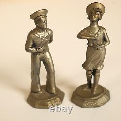 1927 Antique Sailor & Girl Bronzed Pewter Salt & Pepper Shaker SET Made in USA