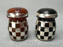 1930s Mushrooms Butterscotch Amber Bakelite Salt Pepper Shakers Silver Checked