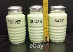 1930s Vtg Antique Jeannette Jadeite Uranium Glass Salt Pepper Sugar Shakers Set