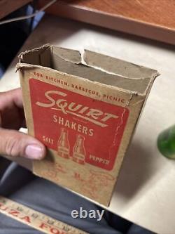 1949 Vintage Squirt Salt & Pepper Shakers Green Glass Soda Bottles Original