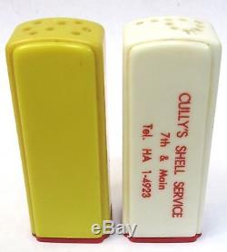 1950's SHELL white/yellow DECAL pair of matched GAS PUMP salt & pepper shakers