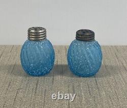 19c EAPG Buckeye Glass Reverse Swirl Optic Salt Pepper Shakers Blue with Opal Frit