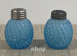 19c EAPG Buckeye Glass Reverse Swirl Optic Salt Pepper Shakers Blue with Opal Frit