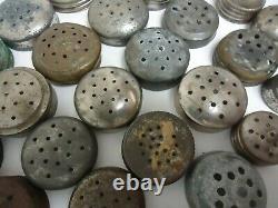 30 vintage/antique salt and pepper shakers metal lids covers bottle jars spice