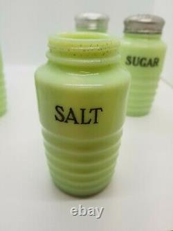 4 Jeanette Jadite Ribbed Shakers w Orig Lids Sugar Flour Salt Pepper