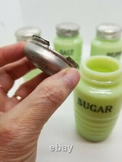 4 Jeanette Jadite Ribbed Shakers w Orig Lids Sugar Flour Salt Pepper