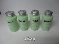 4 Piece 1930's Jeanette Rib Jadite Shakers Range Set Sugar Flour Salt Pepper