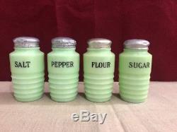 4 Piece 1930's Jeanette Rib Jadite Shakers Range Set Sugar Flour Salt Pepper