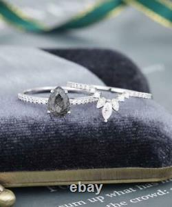 4 Prong Salt & Pepper 3Ct Pear Diamond Engagement Wedding Ring Argentium Silver