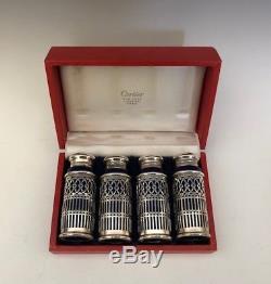 4 Vintage Sterling Cartier Reticulated Salt & Pepper Shakers Cobalt Lining Web