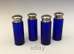 4 Vintage Sterling Cartier Reticulated Salt & Pepper Shakers Cobalt Lining Web