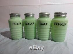 4-lg. Vtg. Jeannette Jadeite Beehive Salt Pepper Flour Sugar Shakers Metal Tops