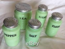5 Piece 1930's Jeanette Rib Jadite Range Set Sugar Flour Salt Pepper Tea