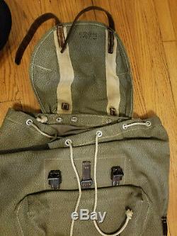 50s 60s Vintage Swiss Army light green salt and pepper leather backpack canvas