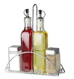 5pc Glass Cruet Set Salt Pepper Oil Vinegar Stand Condiment Kitchen Serving New