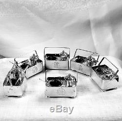 6 Japanese salt pepper shaker boxes with handles spoons included sterling silver