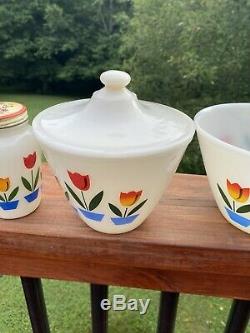 7 Piece VINTAGE FIRE KING TULIPS PIECE MIXING BOWL SET WITH SALT AND PEPPER