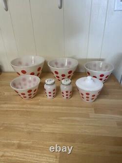 7 pc + Lids Vintage Fire King Red Dot Mixing Bowl Set Grease Jar Salt Pepper VGC