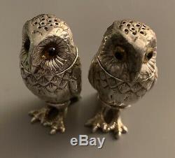 A Pair Of English Sterling Silver Owl Salt And Pepper Pots Hallmarked- Superb