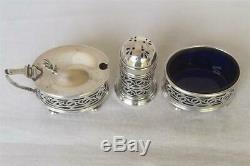 A Solid Sterling Silver 3 Pc Condiment Set Mustard, Salt & Pepper Dates 1919