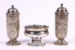 Antique Tiffany Sterling Silver Salt And Pepper Shakers And A Master Salt Bowl