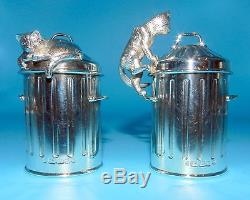 ASPREY Sterling SILVER SALT & PEPPER Shakers RARE Figural Alley CAT &GARBAGE CAN