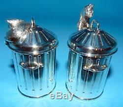 ASPREY Sterling SILVER SALT & PEPPER Shakers RARE Figural Alley CAT &GARBAGE CAN