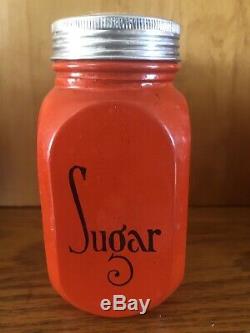 Anchor Hocking Fired-On Glass RED Range Shaker Set Salt Pepper Flour Sugar Lids