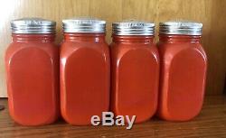 Anchor Hocking Fired-On Glass RED Range Shaker Set Salt Pepper Flour Sugar Lids
