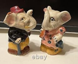 Anthropomorphic Elephant Couple Trunks Salt and Pepper Shaker Set JAPAN Kitschy