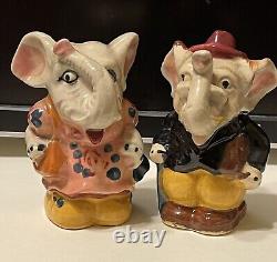 Anthropomorphic Elephant Couple Trunks Salt and Pepper Shaker Set JAPAN Kitschy