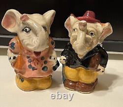 Anthropomorphic Elephant Couple Trunks Salt and Pepper Shaker Set JAPAN Kitschy