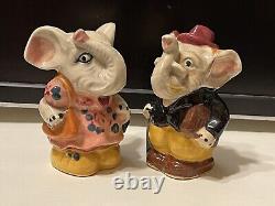 Anthropomorphic Elephant Couple Trunks Salt and Pepper Shaker Set JAPAN Kitschy