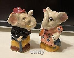 Anthropomorphic Elephant Couple Trunks Salt and Pepper Shaker Set JAPAN Kitschy