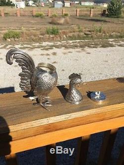 Antique 1880's 830 Silver Rooster Spice Container Chicken Salt Pepper