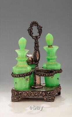 Antique Biedermeier glass, uranium green, oil-vinegar holder + salt-pepper holde