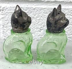 Antique CAT & DOG GREEN Depression Glass SALT & PEPPER SHAKERS Metal Heads RARE