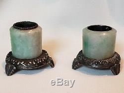 Antique Chinese Jade Silver Mounted Salt Pepper Archers Ring