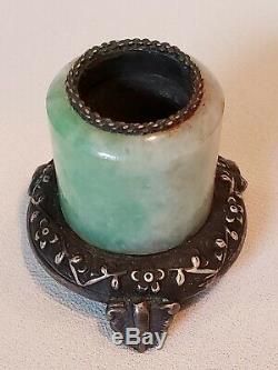 Antique Chinese Jade Silver Mounted Salt Pepper Archers Ring