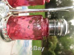 Antique Cranberry Glass Salt Pepper Honeycomb Optic Meriden Silver Plate Cruet