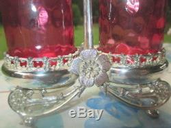 Antique Cranberry Glass Salt Pepper Honeycomb Optic Meriden Silver Plate Cruet