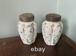 Antique Enameled Milk Glass Salt and Pepper Shakers / Muffineers