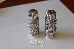 Antique Gorham Sterling Silver Repousse Bullet Style Salt & Pepper Shakers 1880