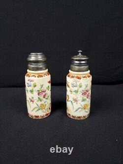 Antique Hand Painted Butterfly flowers Salt and Pepper Shakers 1800's