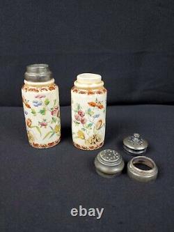 Antique Hand Painted Butterfly flowers Salt and Pepper Shakers 1800's