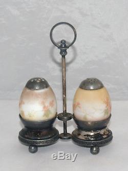 Antique Mt Washington Egg Shaped Hand Painted Glass Salt And Pepper Set In Stand